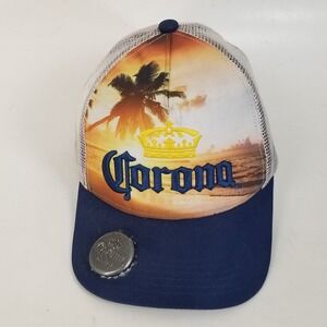 Corona Trucker Hat Mens OSFA Blue Sunset Beach Bottle Opener Snapback Mesh Cap